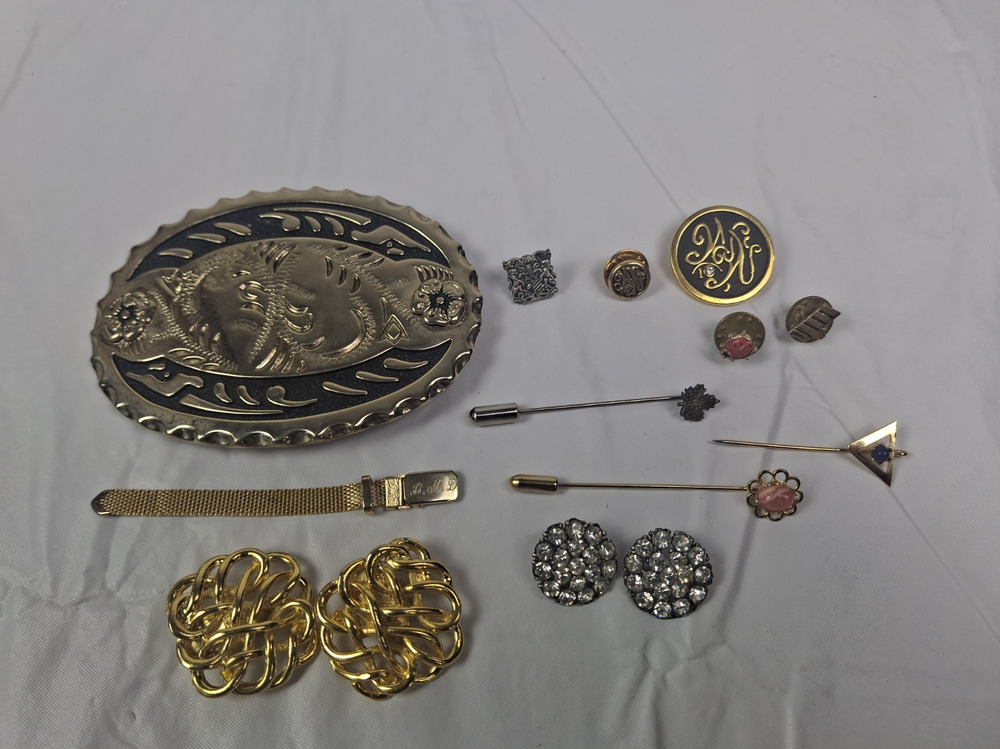 Vintage Mixed Lot Estate Accessories Belt Buckle Cufflinks Stick Pins Buttons